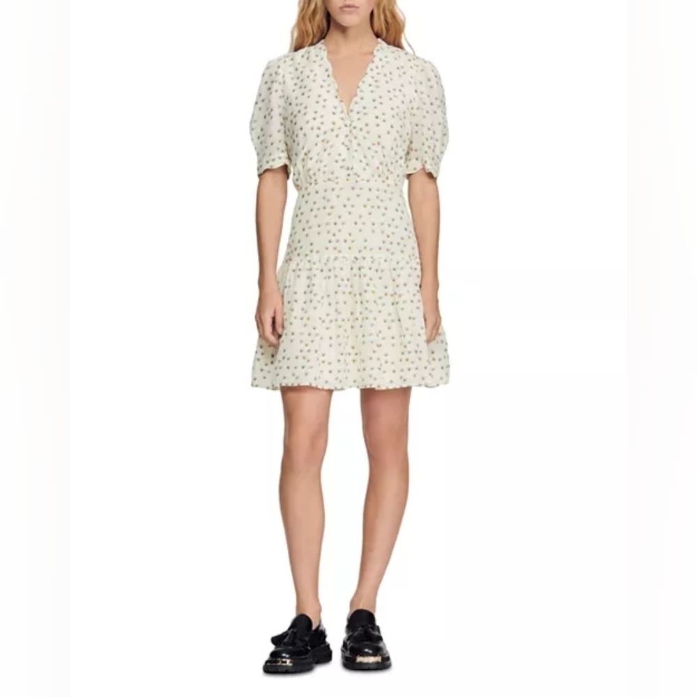 Sandro Bliss Scalloped V Neck Puff Sleeve Dress, Softgirl Feminine Size US 6